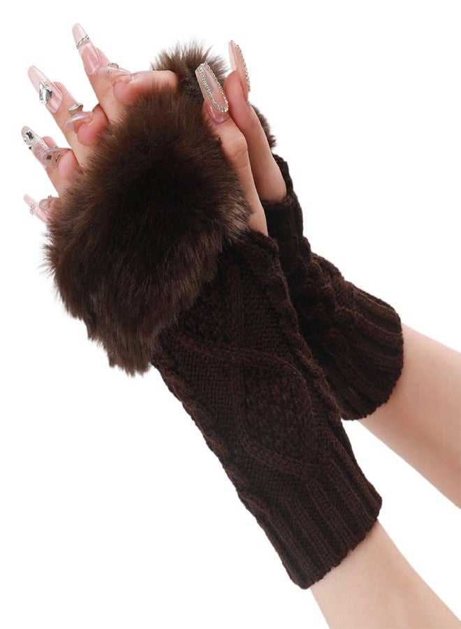 CABODYALS 2 Pairs Brown Knit Fingerless Gloves Winter Crochet Coffee Furry Arm Warm Sleeves Soft Fluffy Knitting Thumb Hole Faux Fur Hand Wrist Warmer Mittens for Women Typing Driving Activity Outings - Image 1